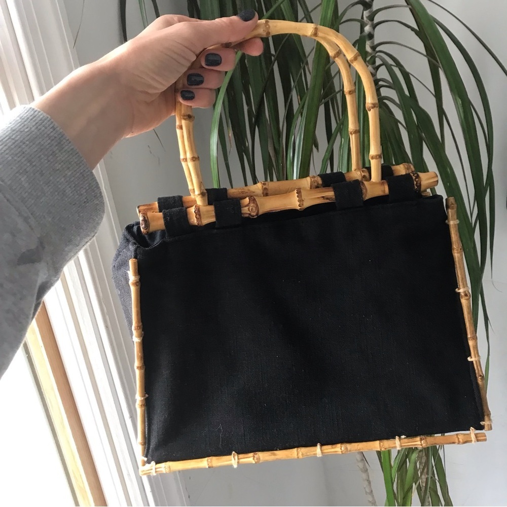Beautiful Women’s Black Canvas/Linen Bamboo Handles Hand Bag Medium Size